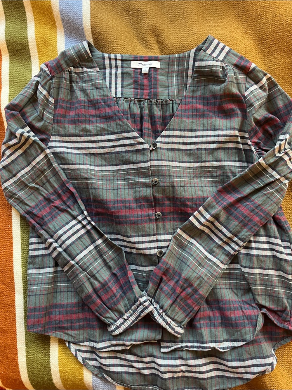 Madewell Plaid Button-Front V-Neck Blouse - Green & Red